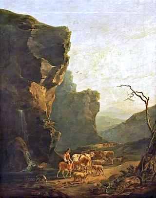 牧民骑着驴子赶牛的山地景观