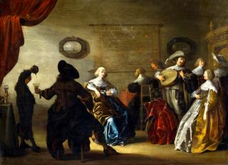 Interior with elegant company making music