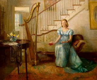 Interior with woman and harp