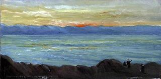 Landscape with a Lake Surrounded by Mountains with Figures at Sunset