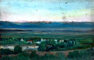Landscape with a Village and a River in a Green Valley with Distant Mountains
