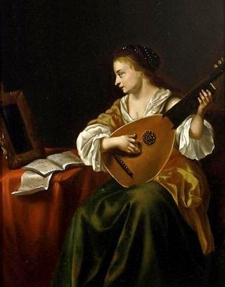 A lady with a viola da gamba in an interior