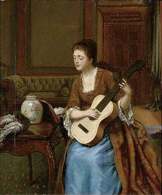A young lady playing a guitar