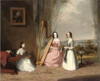 Portrait of three sisters with a harp, in an interior
