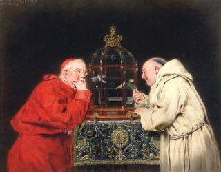 Cardinal and friar observing birds in a cage