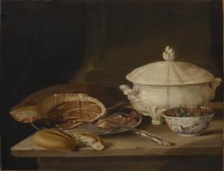 Still Life with Ham on a Pewter Dish, a Faience Set and a Bowl of Gooseberries and Red Currants