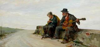 An elderly couple seated by a roadside