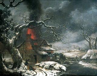 Wintry Scene with a Burning Cottage in the Foreground