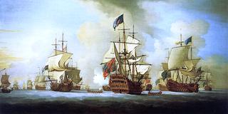 An English Fleet at Anchor, with the Admiral's Ship Signaling