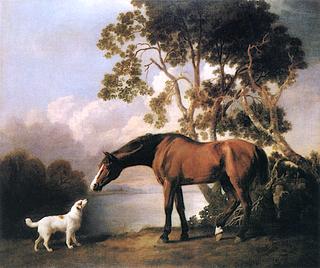 A Bay Horse Communing with a White Spaniel by a Lake