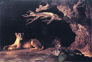 Lion and Lioness Resting at the Mouth of a Dark Cave