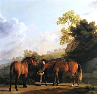 A Groom Offering a Sieve to Two Bay Horses