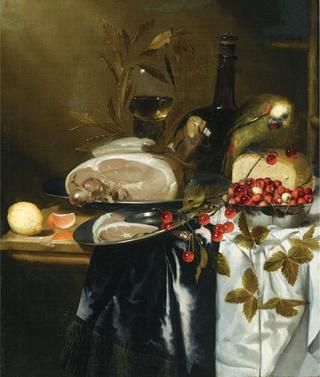 Still life of ham, a loaf of bread, strawberries, a Roemer and a glass flask with a parrot