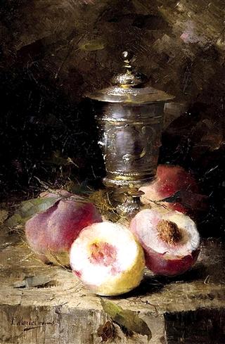 Cup and peaches on the table