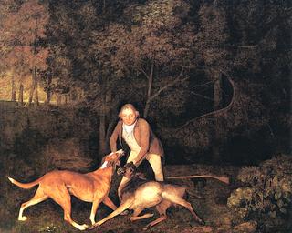 林子里的一个公园场景：弗里曼，克拉伦登伯爵的猎场看守人，带着一只垂死的母鹿和一只