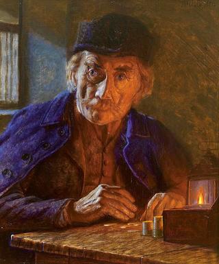 Old man counts the coins by candlelight