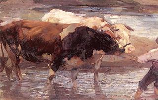 In the Water, Boy Guiding Unruly Oxen through the Ford