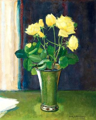 Still-life with Yellow Roses in Silver Vase