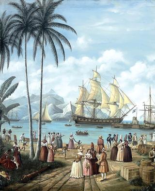 Figures on a quayside with shipping beyond, Brazil