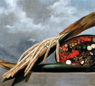 Blooming palm tree and basket with condiments