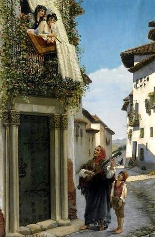 Two spanish women on a balcony, listening to streetmusicians
