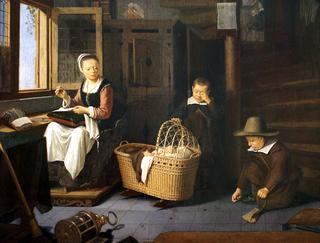 Sewing mother with two boys at a cradle