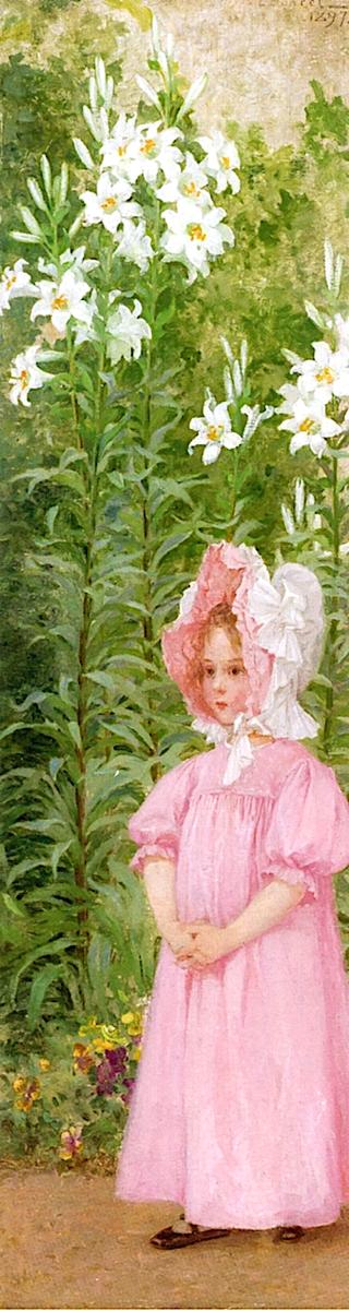 Little Girl in Pink and a Lily Garden