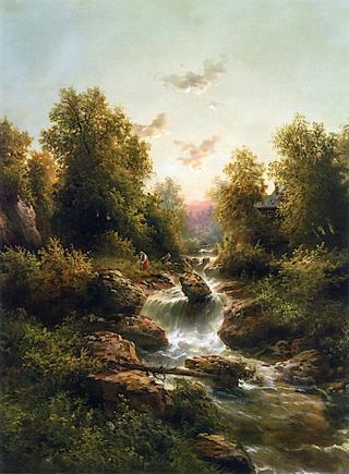 Country Cottage and Figures before Rushing Water