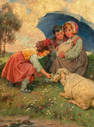 Children with sheep on the summer meadow