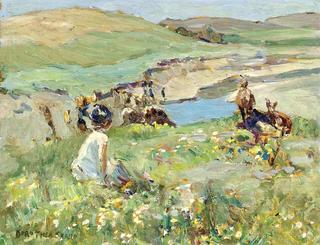 A Young Girl and Goats on a Hill Side