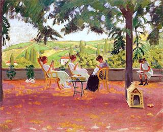 Young Women Sewing on the Terrace