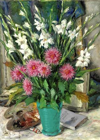Still life with flowers, palette and book