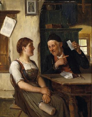 Marriage broker shows an image to a young woman