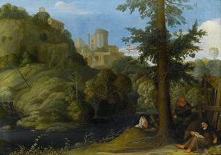 A hermit with two travellers in a wooded landscape