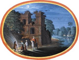 Travellers gathered a fire, by a ruin, in the moonlight