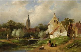 A View of a Riverside Village in Summer