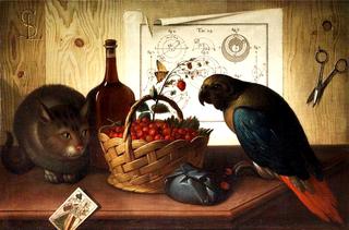 Still life with cat and parrot