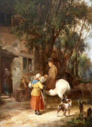 Man on a Horse Being Served Outside an Inn