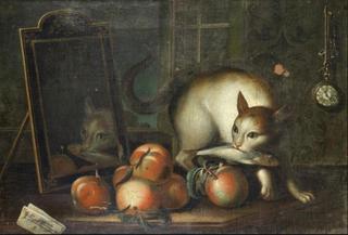 A cat holding a fish in its mouth, beside a mirror and peaches on a table