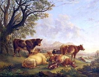 Bull and Cattle and Herdsman Resting in Valley Pasture