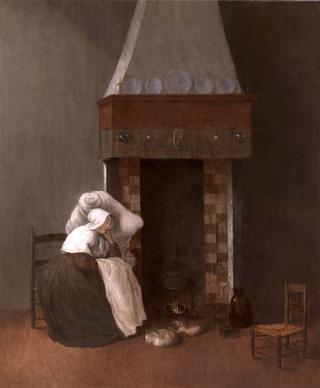 Interior with a Sick Woman by a Fireplace