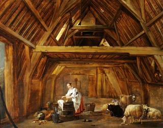 A Barn Interior with a Woman Preparing Food