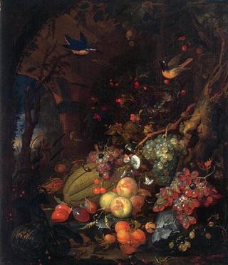 Still Life with Fruit and Animals in a Grotto