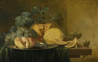 Still Life with a Whole and a Halved Peach on a Pewter Plate