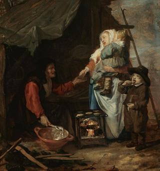 An old woman selling pancakes to a mother with children