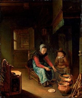 An Interior With A Woman Cooking Pancakes With A Young Boy Before A Hearth