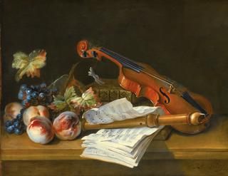 Still Life with a Violin, a Recorder, Books, a Portfolio of Sheet of Music, Peaches and Grapes