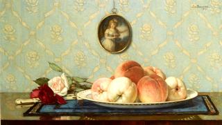 A still life with peaches and roses