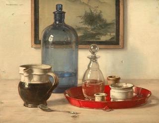 Still life with blue bottle and jars