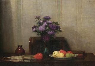 A still life with pears, flowers and a fan